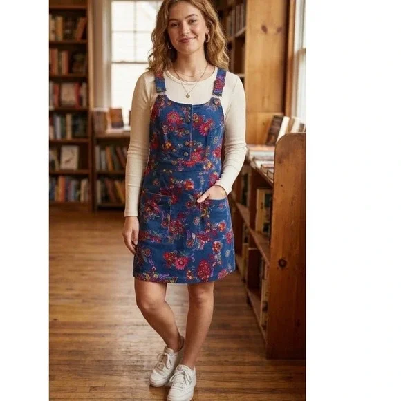 ModCloth Dress Padma Paisley Navy Corduroy‎ Pinafore Medium Jumper NWT