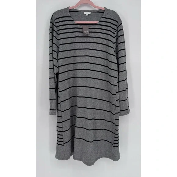 NWT J Jill Striped Sweater Dress Plus 3X Gray Black Long Sleeve Pockets Cozy
