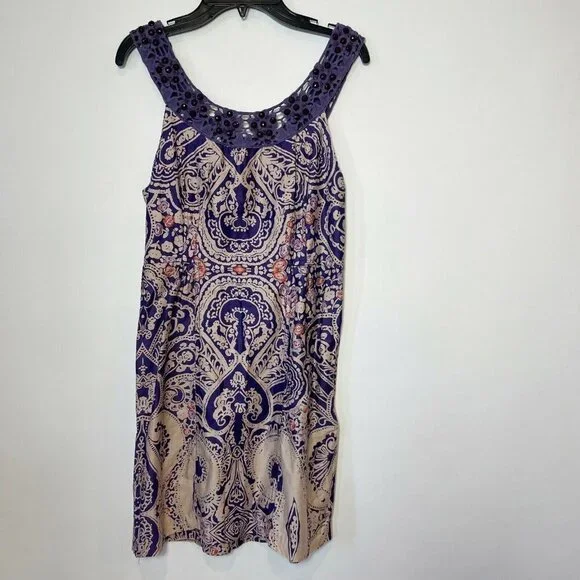 Free People Beaded Crochet Trim Sleeveless Mini Dress Purple Size 2 Paisley Boho