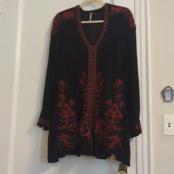 Dark romantic Free people LS Black  embroidered Mini dress-small