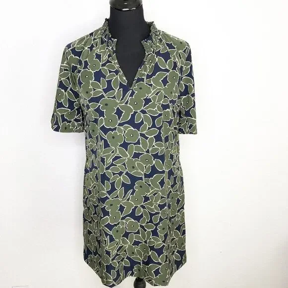 Banana Republic olive green navy blue floral v neck shift dress size 6