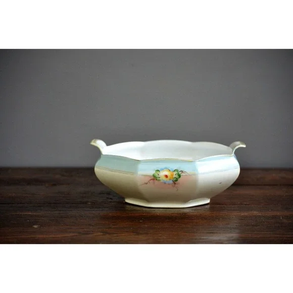 Meito Japan Octagonal Vegetable Bowl  Vintage Blue‎ & Yellow Floral hand painted