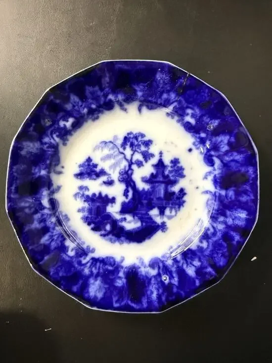 Antique English Flow Blue Transferware Plate with Pagoda Landscape Scene