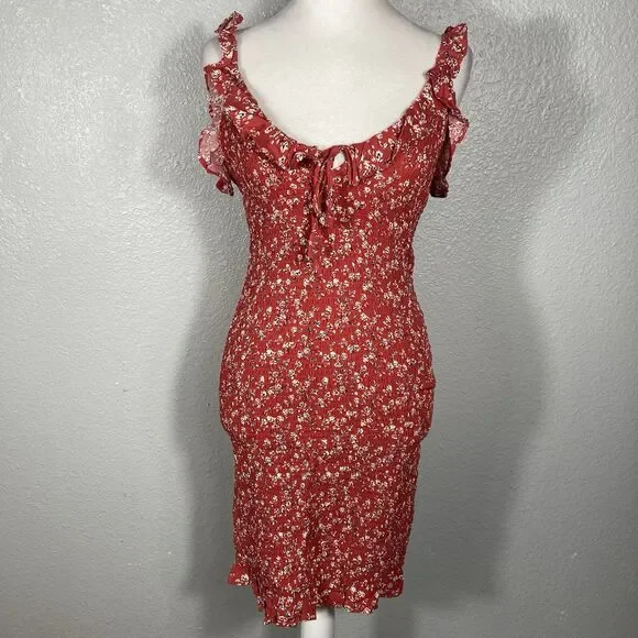 Y2K Smocked Mini Sun Dress XS Ruffle Strap Bodycon Red Cottage Boho Country