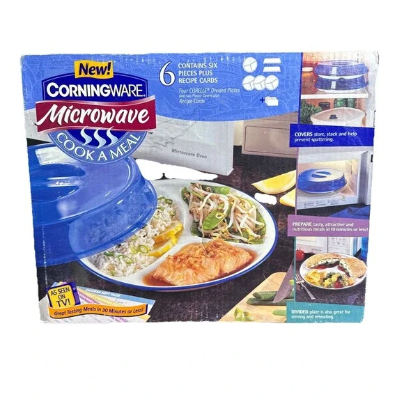 Vtg NOS Corningware Corelle Microwave 6PC Divided Plate & Cover Cook‎ A Meal Set