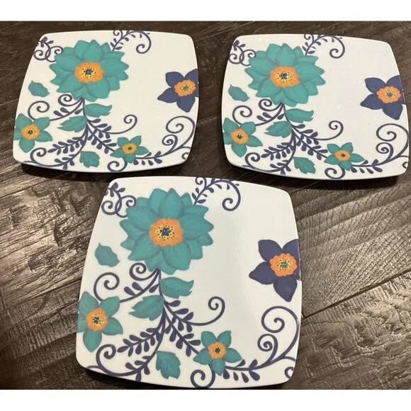 Melamine Square Salad Plates Plate Blue Teal Textured‎ Floral Flowers Set Of 3