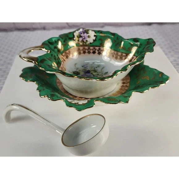 Rare 3 Piece Set 1819-1919 Victoria Carlsbad Austria Tray Bowl Ladle Brilliant