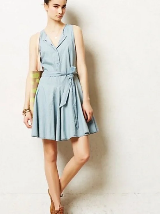 Anthropologie Light Blue Sleeveless Tie-Waist Mini Dress