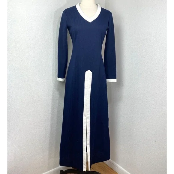 Vintage 70s Navy Blue Ribbed Knit Maxi Dress White Trim Med Dark Academia Boho