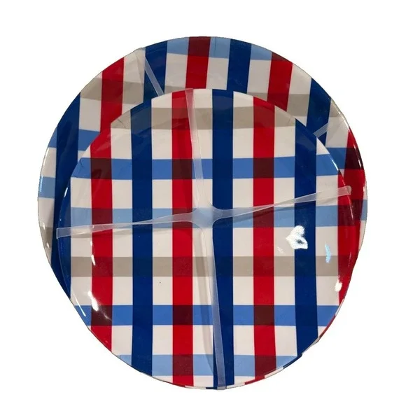 New Plaid American Dinnerware Set 8 Pc Melamine Red White Blue July 4th