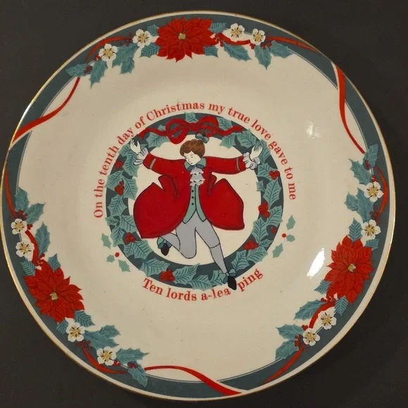 Vtg Salad Plate Tienshan‎ DECK HALLS Ten Lords A-leaping 12 Days Christmas Gold