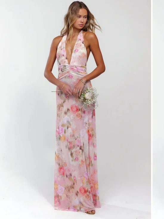 (Never Worn) RESA Pink Floral Halter V-Neck Maxi Dress