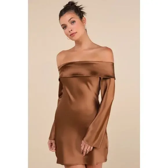 NWT Lulus Luxurious Vision Brown Satin Off-the-Shoulder Mini Dress Party Size L