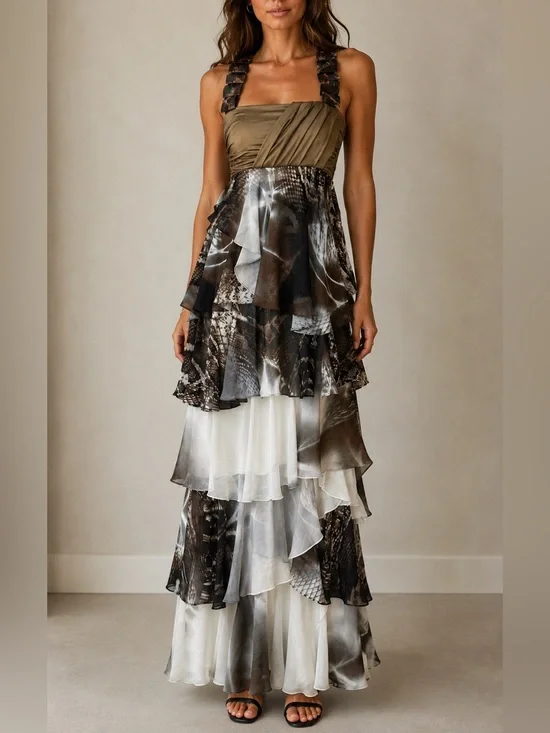 Veloudakis Tiered Ruffle Maxi Dress EU 38 / US 6  Beaded Straps