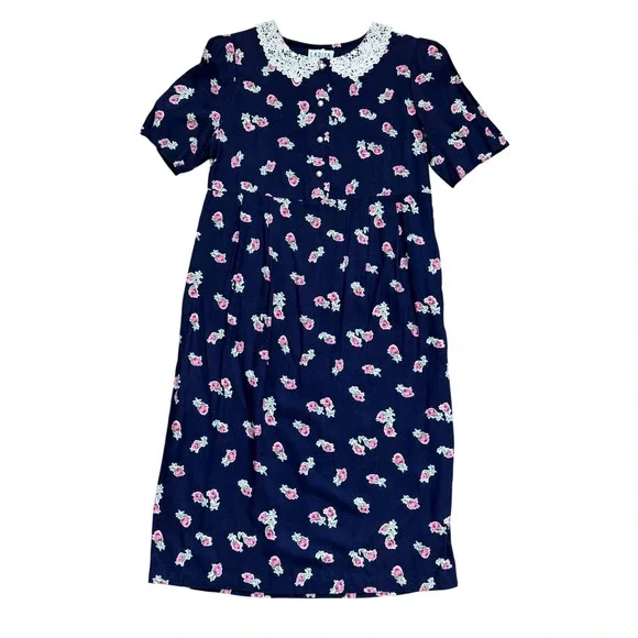 Vintage Floral Midi Dress Navy Pink Lace Collar Pearl Buttons cottage prairie