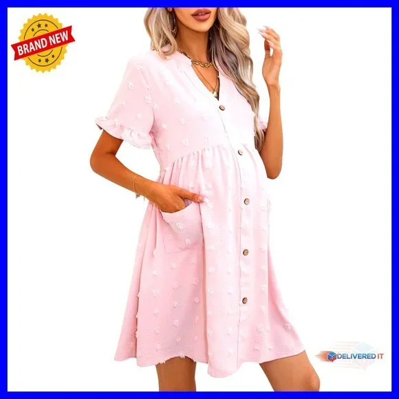Maternity Swiss Dot V-Neck Mini Dress with Pockets for Baby Shower