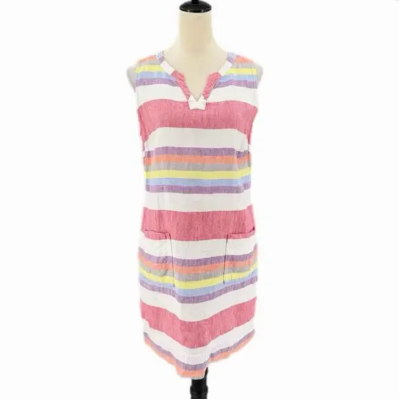 Boden White Multi Color Striped 100% Linen V-neck Sleeveless Shift Summer Dress