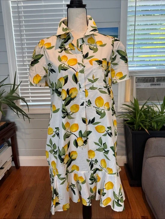 Cynthia Rowley White Lemon-Print Short-Sleeve Shirt