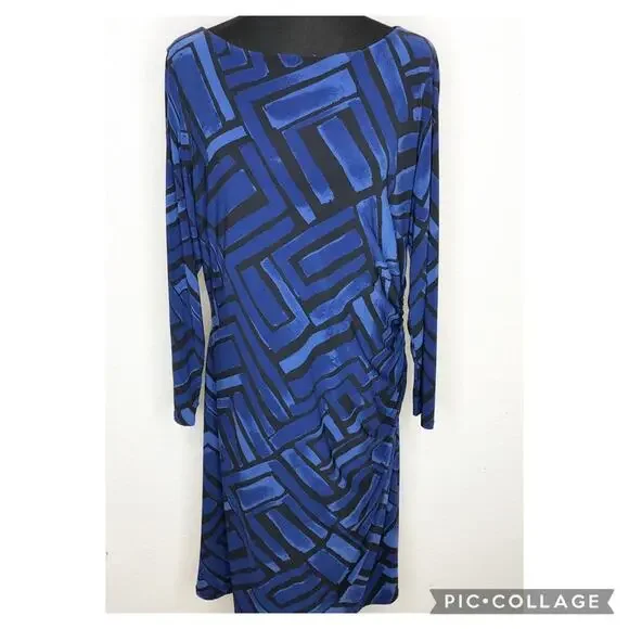 Lauren Ralph Lauren blue black geometric ruched side midi dress size 16W