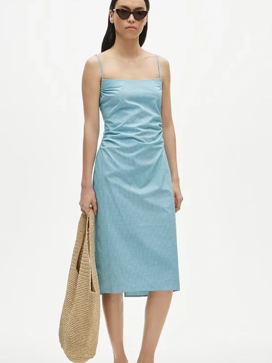 NWT Ruched sheath dress in gingham stretch poplin