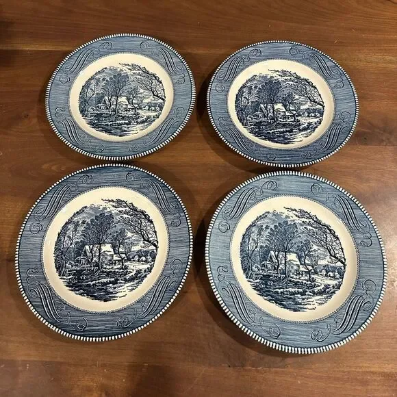 Set of 4 Currier and Ives Blue Old Grist Mill 10