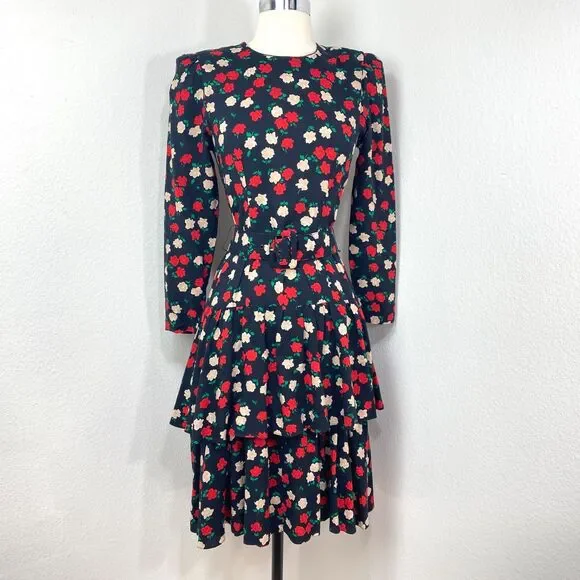 Vtg 80 Drop Waist Layered Skirt Floral Rayon Dress Small Long Sleeve Belt Modest