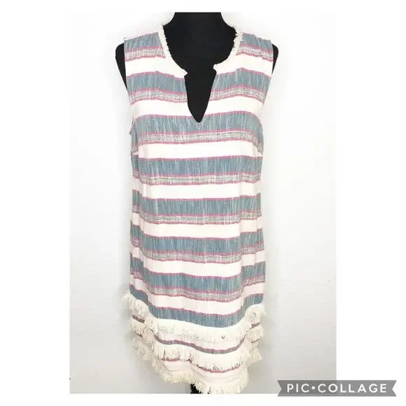 Anthropologie Holding Horses cream chambray blue pink fringe trim dress size 12