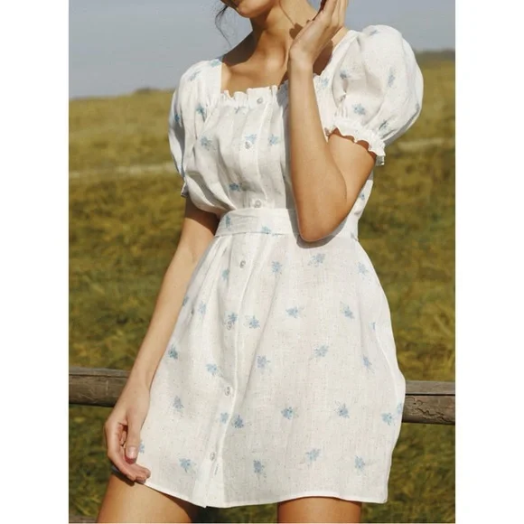 Sleeper Brigitte Linen Mini Dress in Linum Tie Waist Puff Sleeve Blue Floral M