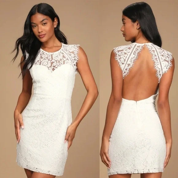 Lulu’s Truly Elegant White Eyelash Lace Backless Bodycon Mini Dress size medium