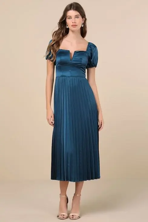 NWT Lulus Flawless Forever Teal Satin Pleated Midi Dress Bridesmaid Gala Size M