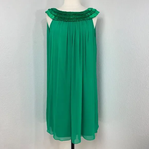 Maggy London Green Silk Chiffon Shift Dress 8 Sleeveless Ruffle Neckline Party