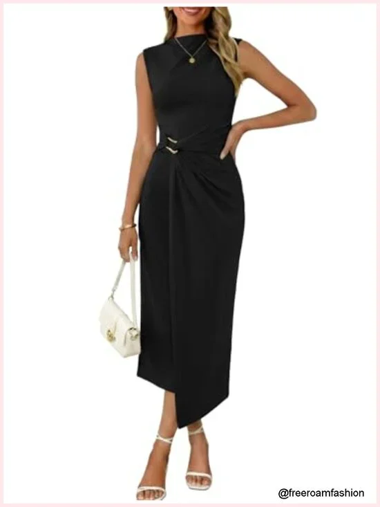 Mock Neck Ruched Bodycon Midi Dress Sleeveless Party