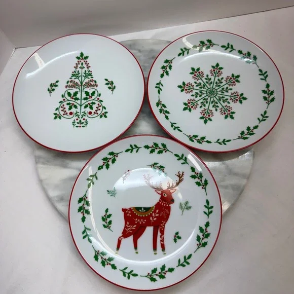 Bee & Willow Christmas Salad App Plates Set of 3 Reindeer Snowflake Tree‎ 7 Inch