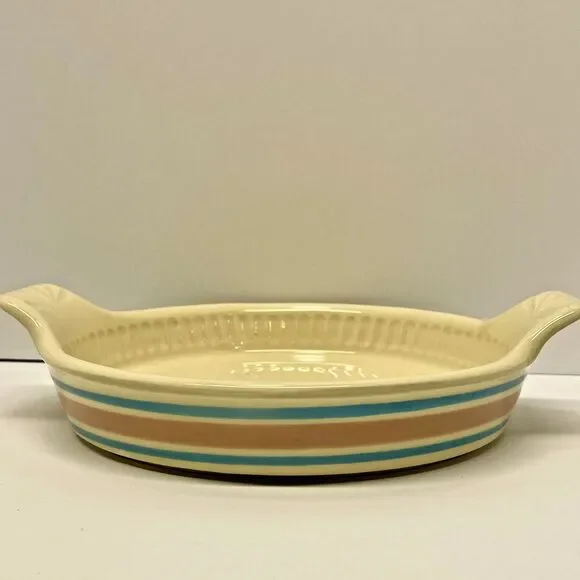 Vintage McCoy Stonecraft Pink Blue Stripe Au Gratin/Pie Plate 7031 USA 8.75-NICE