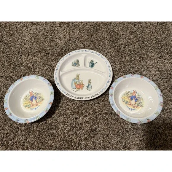 Vintage Peter Rabbit 3 Pc Kids Bowl & Divided Plate Set Beatrix Potter 1996
