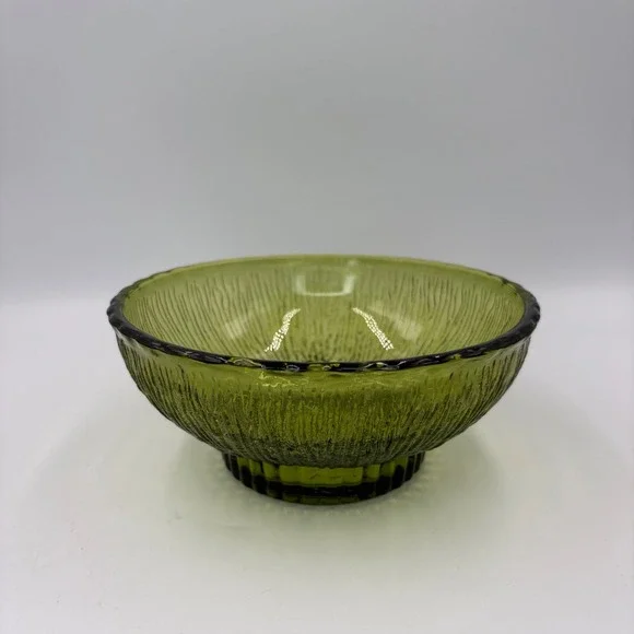 FTD Glass Bowl Unisex 6.5in Green Excellent 1975 Vintage Bark Textured MCM