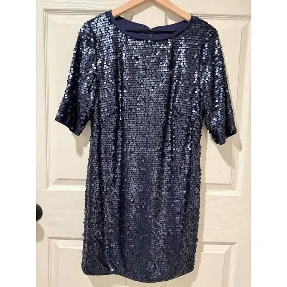 RACHEL Rachel Roy Navy Blue Sequin Short Sleeve Mini Cocktail Dress Sparkle Part