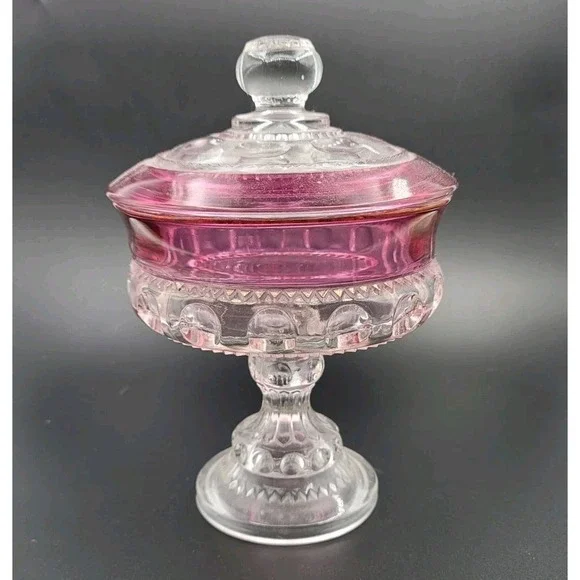 Vintage Clear and Red King's Crown Thumbprint Patterned Glass Lidded dish