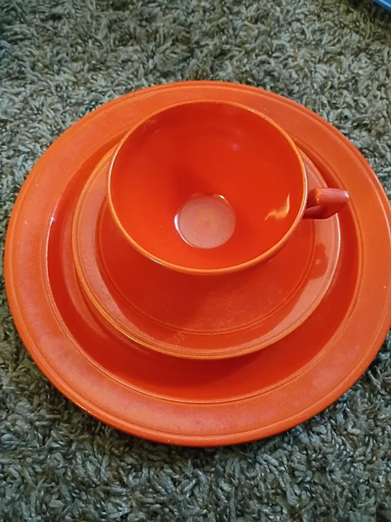 Vintage Early California Vernonware Bright Orange Ceramic Cup and Saucer Set 4