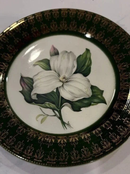 Set TWO Vintage Trillium Bread & Butter Or Dessert Plate 24K Gold Green STUNNING