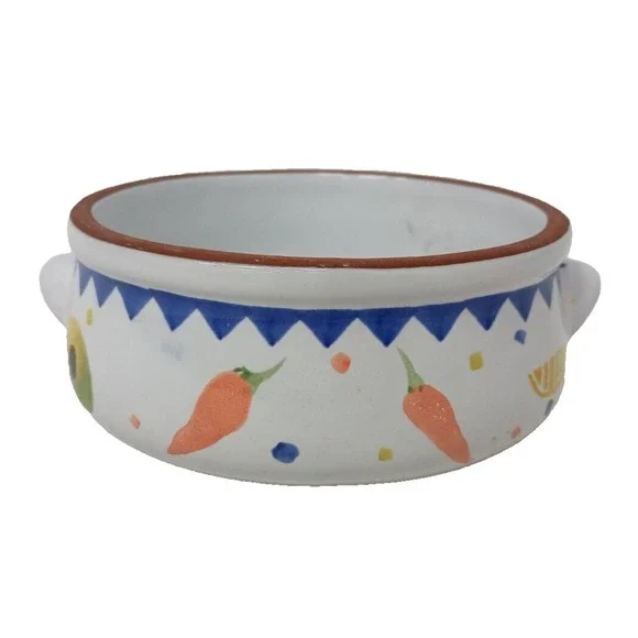 Vintage Terracotta Salsa Bowl Southwest Hand Painted Round With Handles