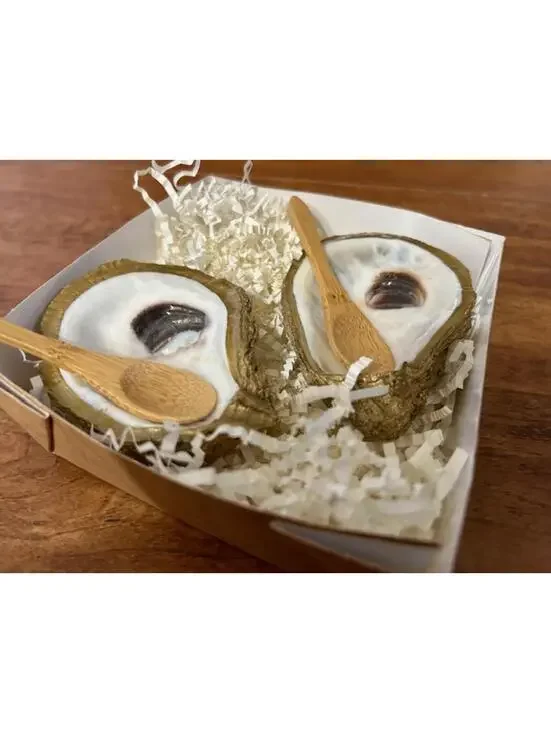 Set of 2 Decorative Oyster Shell Trinket Dishes with Wooden Spoons