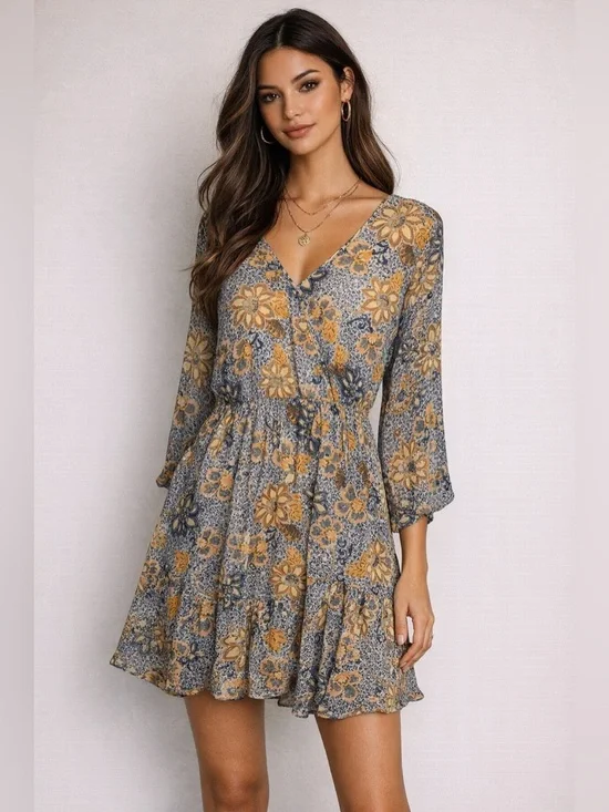 Free People Boho Floral Mini Dress‎ XS Flowy Bell Sleeve