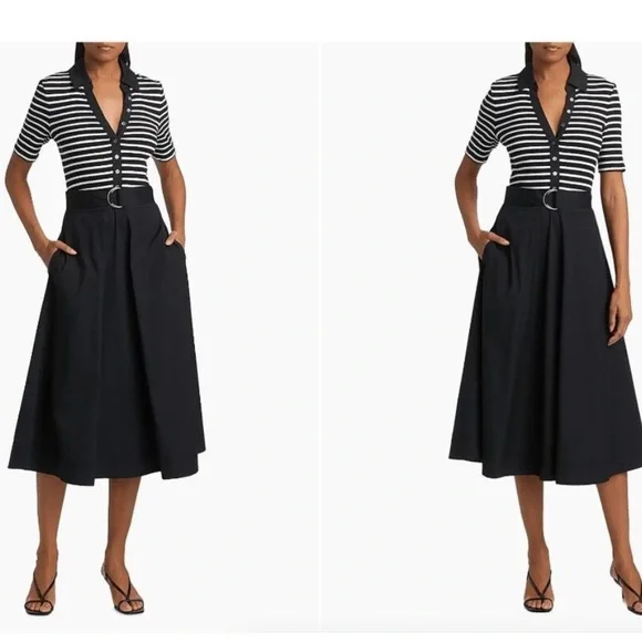 Veronica Beard Black & White Striped Polo Midi with Black Skirt