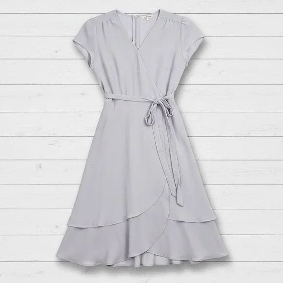 Romantic Wrap Midi Dress WAYF M Lavender Blue Crepe Cottage Soft Ethereal Fairy