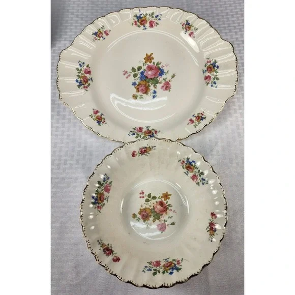 Antique Limoges English Rose Serving Platter & Serving Bowl 22K Gold