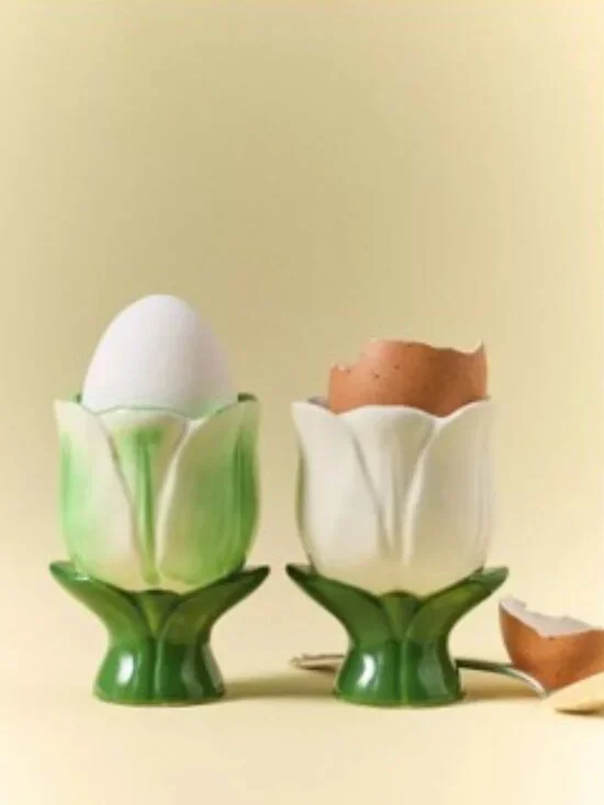 Anthropologie Louise Stoneware Egg Cup 1 in Green and 1 in White (Set of 2) -NWT