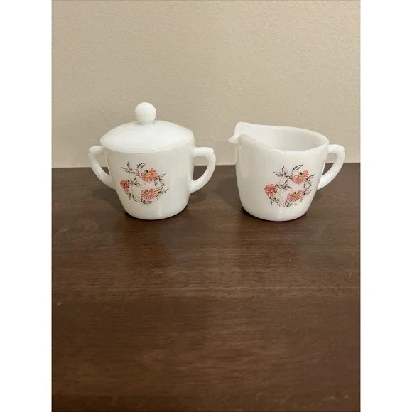 Fire King Fleurette Cream and Sugar Set Milk‎ Glass Floral Vintage
