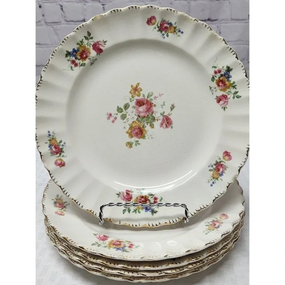 VTG Made In USA Limoges English Rose Pattern Set Of 5 Dinner Plates 22kt Gold