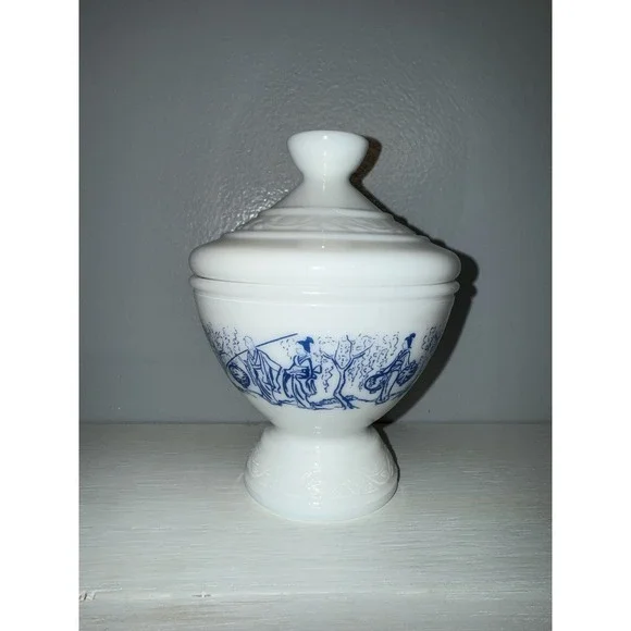 Vintage Milk Glass Lidded Footed Candy Dish Blue Asian Scene Made in Belgium